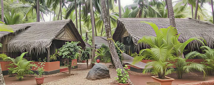 Traditionell ekologisk stuga i Kerala